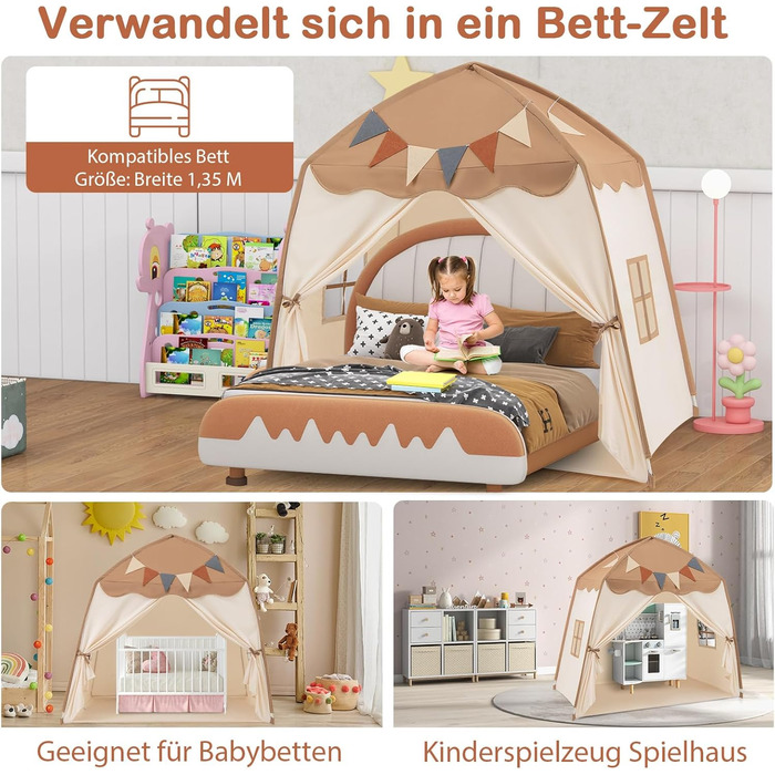 Дитяче намет-ліжко DREAMADE 2 в 1 з гірляндою та прапором, ігровий намет для дитячої кімнати, ігровий будиночок для дітей від 3 років (колір кавовий)