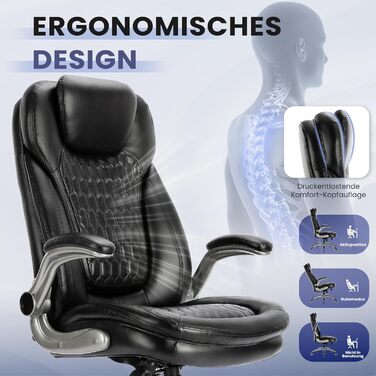 Крісло шеф COLAMY з дихаючої шкіри – ергономічне офісне крісло з пружинним блоком, відкидними підлокітниками та тихими роликами для дому та офісу, чорне