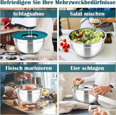 Набір салатниць TEAMFAR 6 шт. з нержавіючої сталі з кришками та силіконовим дном, 0,7L / 1,5L / 1,6L / 2,5L / 2,8L / 4,6L (блакитний)