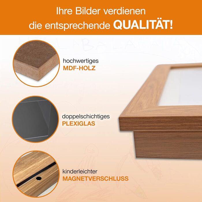 BALA® Преміум рамки для фотографій - 2 шт. A4, для дитячих малюнків, з фронтальною відкриваністю та кріпленням для підвішування/ставлення, 120+ фото, дерево