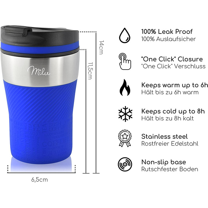 Термальна кружка Milu ізольована кружка кавова кружка to go-100 герметична-чашка для пиття з нержавіючої сталі-Автомобільна кружка з подвійними стінками ізоляція - Термальна кружка - Дорожня кружка (210 мл, синя)