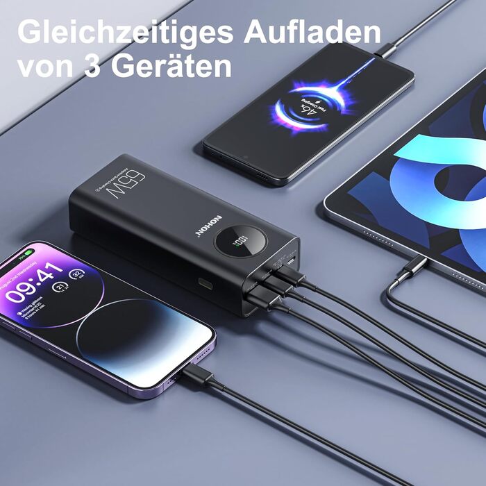 Power Bank NOHON 26800mAh: Швидка зарядка 65W USB-C PD/QC3.0 з LED дисплеєм, 4 порти, сумісний з iPhone, iPad, Samsung, Huawei