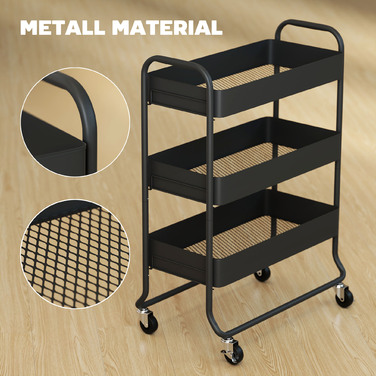 Візок для кухні, 3 кошики, 4 колеса, металевий, чорний