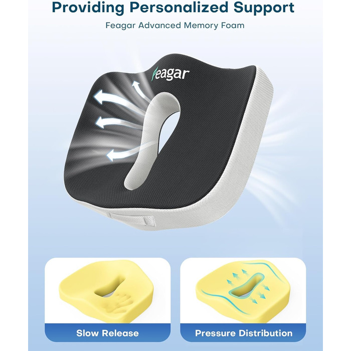 Подушка для сидіння Feagar: велика ергономічна подушка з піною з пам'яті, ортопедична подушка для офісного крісла, авто, для тривалих сидінь, для куприка, ішіасу, полегшення болю в попереку
