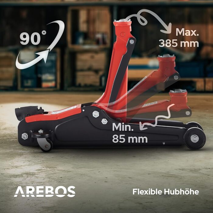 Гідравлічний підйомник Arebos 2T для авто: низькопрофільний, 85-385 мм + 4 гумові накладки