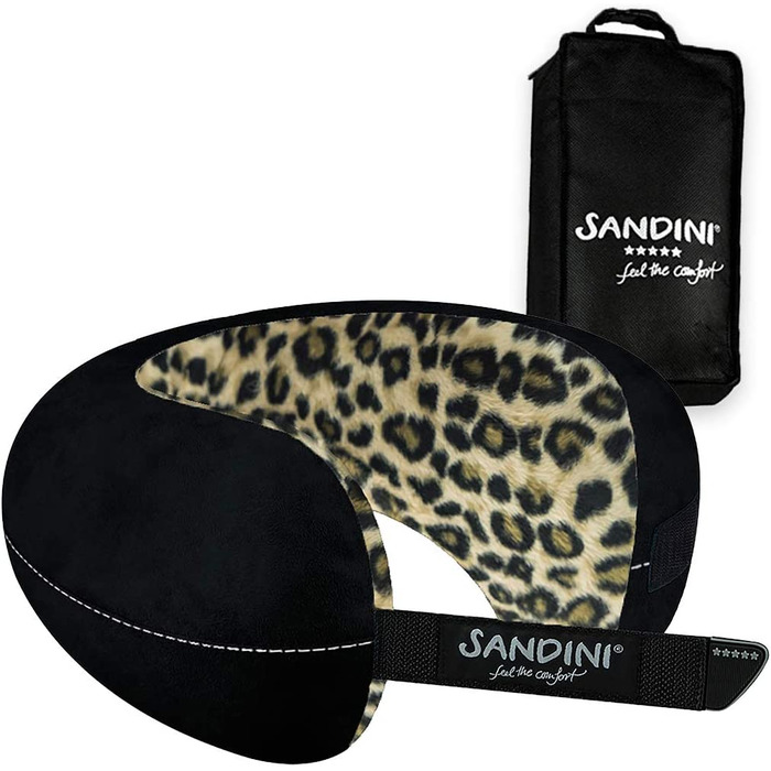 Звичайний розмір SANDINI TravelFix - подушка преміум-класу з мікрофібри європейського виробництва / подушка для шиї з ергономічною функцією підтримки-безкоштовна сумка для перенесення з затискачем для кріплення(плюшевий леопард)