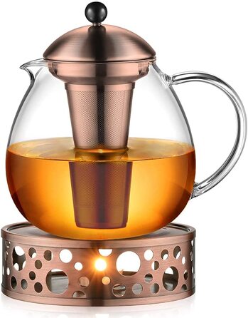Скляний скляний Срібний чайник з нержавіючої сталі 18/8, ситечко для чаю з боросилікатного скла, чайник, підходить для підігріву чаю (тип3-2, бронзовий чайник з ручкою, 1500 мл)