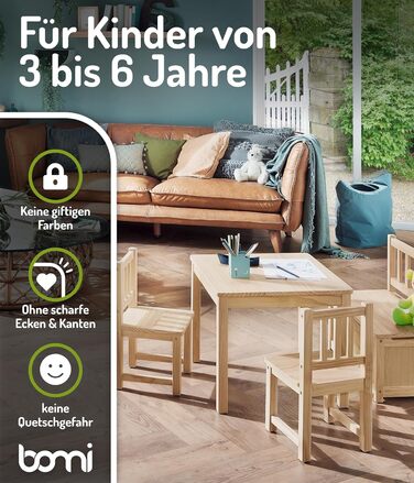 Дитячий меблевий набір Bomi Anna: стіл, 2 стільці та лавка-сховище | Меблі для дитячої кімнати з FSC сертифікованого дерева | Білий (натуральний)