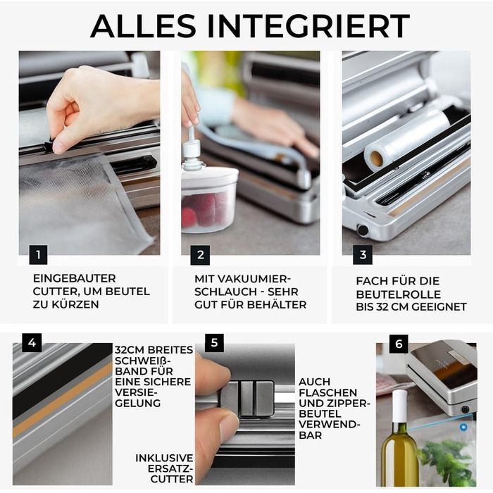 Вакууматор для продуктів BACHWERKE з рулоном та 10 пакетами, ширина шва 32 см, вакуумна машина для зберігання їжі, срібляста