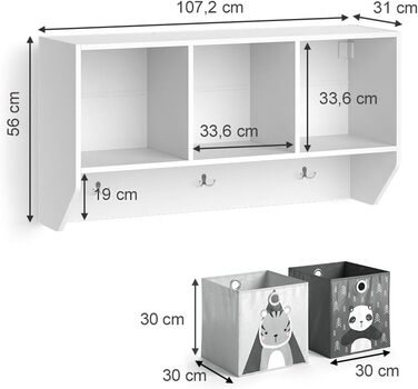 Настінна полиця Vicco для дитячої кімнати Luigi, біла, 107 х 56 см з 2 відкидними ящиками Opt.2 (полиця 107х56 см з відкидним ящиком Panda-Zebra)