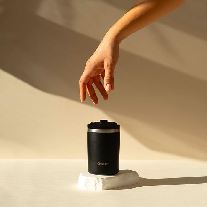 Термокружка QWETCH 240 мл, нержавіюча сталь, чорна - для кави та чаю, зберігає тепло 6 год, холод 12 год, BPA-free, без витоку, багаторазова