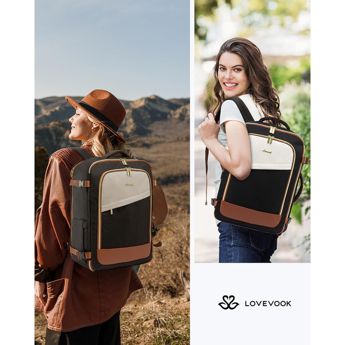 Рюкзак LOVEVOOK для ручної поклажі літака, жіночий водонепроникний рюкзак для подорожей з відділенням для взуття, 17-дюймовий рюкзак для ноутбука, 40L, 45x36x20, ручна поклажа, чорний + бежевий + каштановий