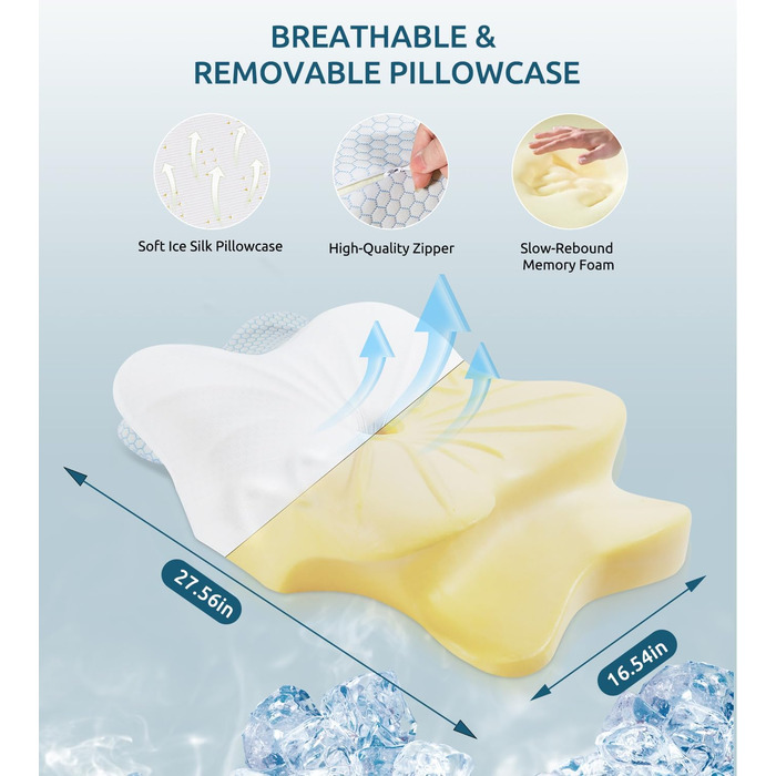 Подушка для шиї, подушка з піною з пам'яті, ергономічна подушка для шиї, подушка для тих, хто спить на боці, на спині та животі, сіро-білий колір (блакитний), 70 x 42 x 14 см