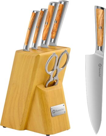 Набір ножів Sunnecko 6 шт. з підставкою – кухонний набір ножів, кухонні ножі з ергономічними ручками, гострими лезами, підставка з нержавіючої сталі та акації