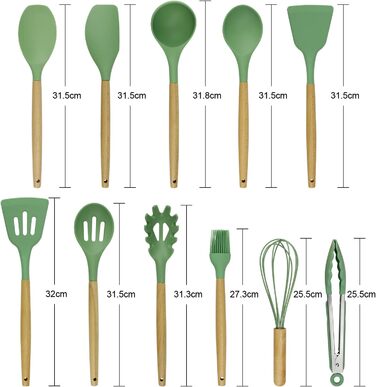 Набір кухонних аксесуарів 13шт, силікон, стійкий до високих температур, з дерев'яною ручкою (авокадо-зелений)