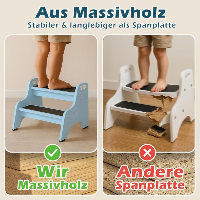 Дерев'яний трисходовий стільчик для дітей Tritthocker – безпечний, з антиковзним покриттям, для ванної та кухні, скандинавський дизайн, колір: натуральний (блакитний)