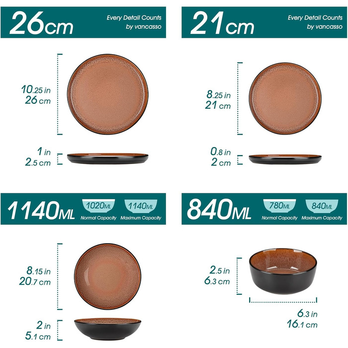 Набір посуду Vancasso AMBER 12 осіб, 48 предметів: тарілки обідні, десертні, супові, миски, червоний, реактивна глазур, для посудомийної машини