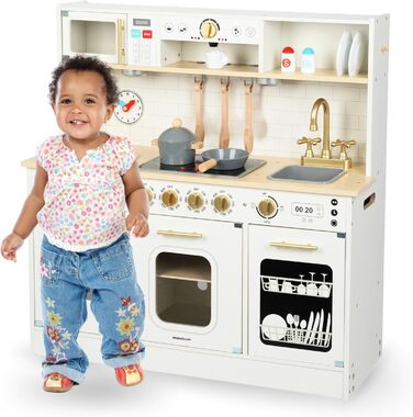 Дерев'яна дитяча кухня Mamabrum з LED-підсвічуванням - ігровий набір кухонь з регульованою висотою, з приготуванням кубиків льоду, мікрохвильовою піччю, плитою та посудомийною машиною. Іграшка для дітей від 3 років