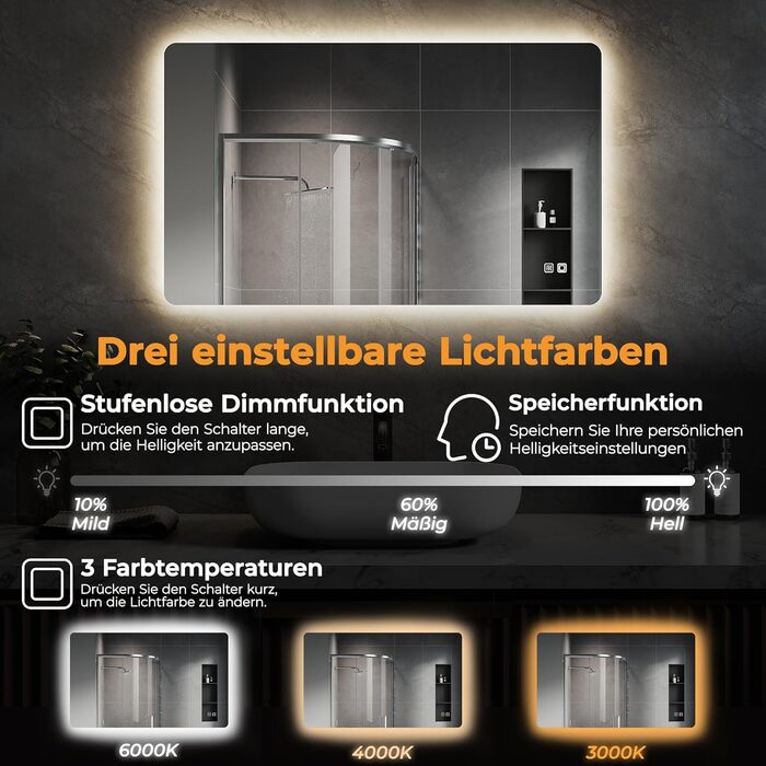 Дзеркало для ванної кімнати зі підсвічуванням SVNR, 70 x 50 см, LED, бездоганне покриття, сенсорне керування, регулювання кольору 3000K-6400K, з синім підсвічуванням