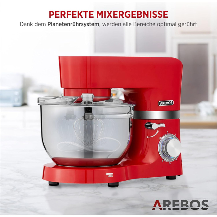 Кухонна машина Arebos 1500W з двома чашами з нержавіючої сталі (4.5L та 5.5L) | Кухонний міксер з набором насадок (крюк для тіста, вінчик, гак для збивання) та захистом від бризок | 6 швидкостей