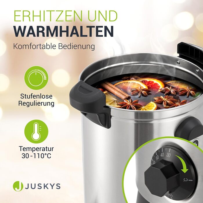 Електричний диспенсер для глінтвейну Juskys Teramo 1500W з краном, термостатом та захистом від перегріву, 30-110°C, нержавіюча сталь, 10 літрів