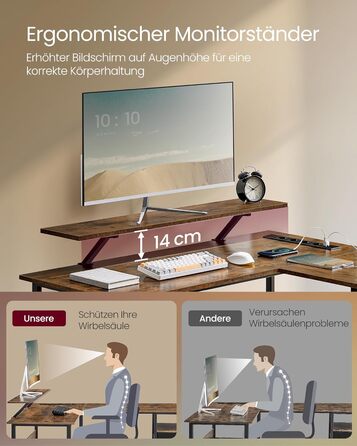 Комп'ютерний стіл VASAGLE L-подібний з розетками, LED-підсвічуванням та USB-портами, 150 x 120 x 76 см, для дому та офісу, вінтажний колір