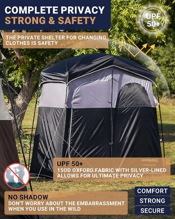 Намет для душу KingCamp великого розміру для кемпінгу, роздягальня, портативний укриття, душ, приватність, одно-/двомісний, 200 x 105 x 203 см, чорний/сірий