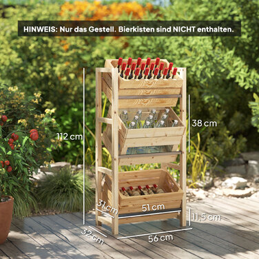 Стеллаж для напоїв на 3 ящики, дерев'яний. Трирівнева конструкція, розміри 56 x 32 x 112 см, виготовлений з натурального дерева.