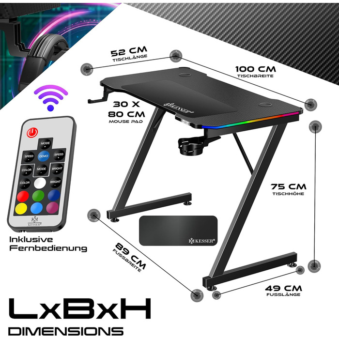 КЕССЕР® Ігровий стіл з підсвічуванням LED, 140x60 см, Z-подібний дизайн, гачок для навушників, вуглецева обробка, ергономічний стіл для ПК, чорний