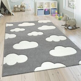 Дитячий килим Paco Home, Сучасний килим для дитячої кімнати Пастельний килим, Хмари Дизайн, Розмір 120 см Круглий, Колір Сірий 120 см Круглий сірий