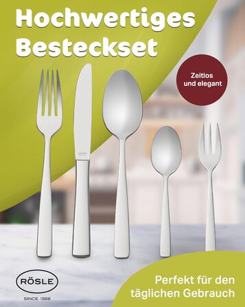 Набір столових приборів RöSLE ELEGANCE на 12 осіб (60 предметів) – високоглянцевий нержавіючий сталь 18/10, преміум якість, придатний для миття в посудомийній машині, в подарунковій коробці
