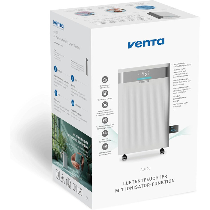 Зволожувач повітря Venta AD100 з іонізатором, 20 л/день, бак 4,5 л, для приміщень до 40 м²/100 м³, автоматичне регулювання вологості, режим сушіння білизни, R290, білий