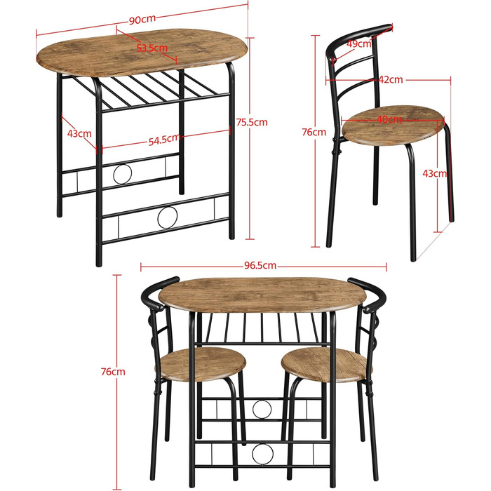 Обідній гарнітур Yaheetech Country Style, Стіл і 2 стільці, з відсіком для зберігання, 90x53x75.5 см, Коричневий