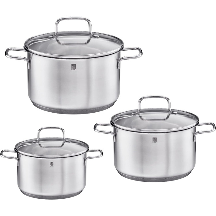 Набір каструль RÖSLE Basic Line 4 шт. з нержавіючої сталі 18/10, склокришки та зручним краєм, індукційне дно, придатний для миття в посудомийній машині, сріблястий/чорний