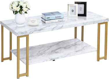 Журнальний столик LIFEZEAL Marble Look, прямокутний стіл для вітальні з полицею, 2-рівневий журнальний столик у металевому каркасі, журнальний столик Журнальний столик сучасний 100x49x45 см, білий і золотий