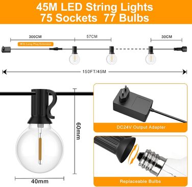 Ланцюжок вогнів GLUROO для вулиці, диммування, 45.7м, водонепроникний, з пульт, 75+2 G40, LED, для саду