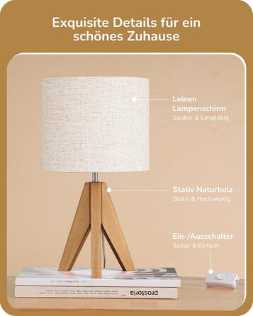 LED настільна лампа EDISHINE з ручним плетінням абажуру та дерев'яним штативом, 2700K тепле світло, бохо стиль для спальні, вітальні та готелю, з лампою E27 4W (сучасний дизайн)