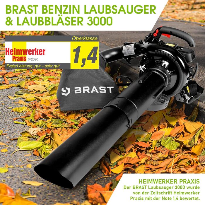 Бензиновий збирач листя BRST® Laubsauger Laubbläser 1,0kW (1,36PS) з мішком 55L, 2 насадки, ремінь та антивібраційний руків'я | 4в1 | Швидкість потоку 73 м/с