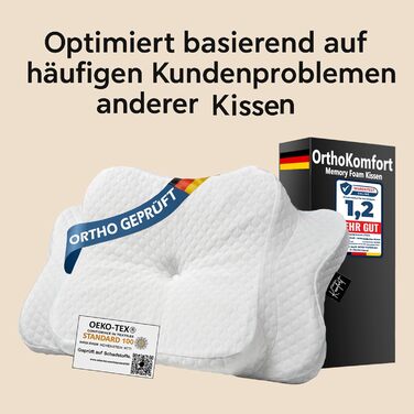 Ортопедична подушка OrthoKomfort® Memory Foam для сну на боці та спині | З піною Memory Foam | Сертифікована Oeko-TEX | Знімний чохол | Для здорового сну без болю | Біла подушка