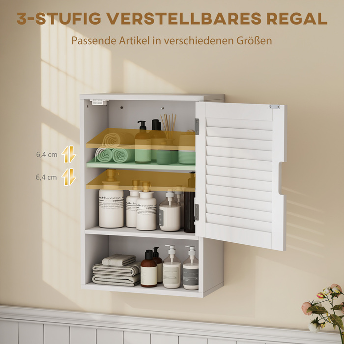 Шафка для ванної кімнати навісна, настінна, з 1 дверцятами та регульованими полицями, 40 x 20 x 60 см, біла