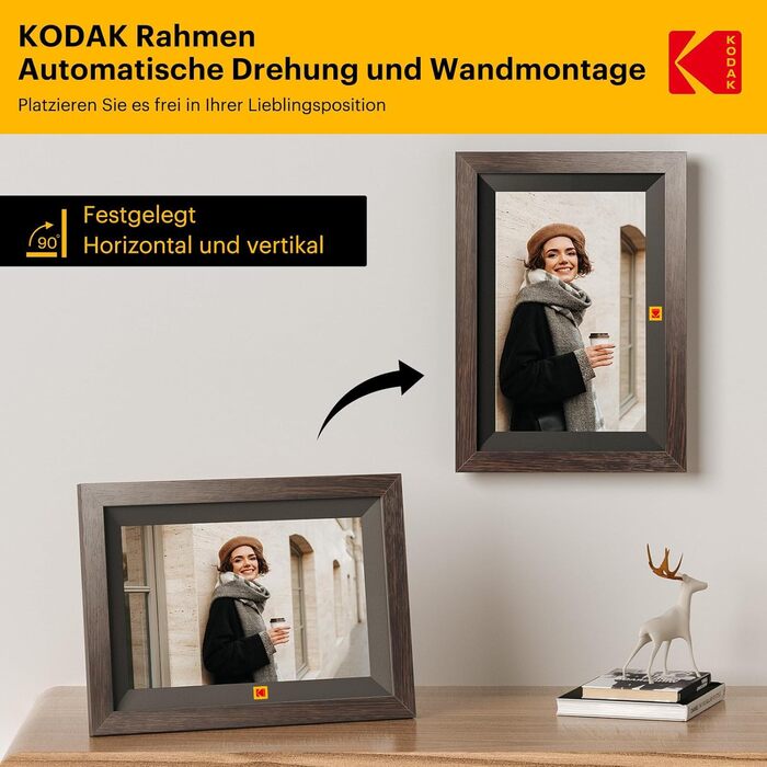 Цифровий фоторамка Kodak 10,1 дюйма WiFi, IPS Touchscreen, 32GB, Автоматичне поворотання, для кріплення на стіну, ділитися фото з будь-якого місця, коричневий (чорний каркас)