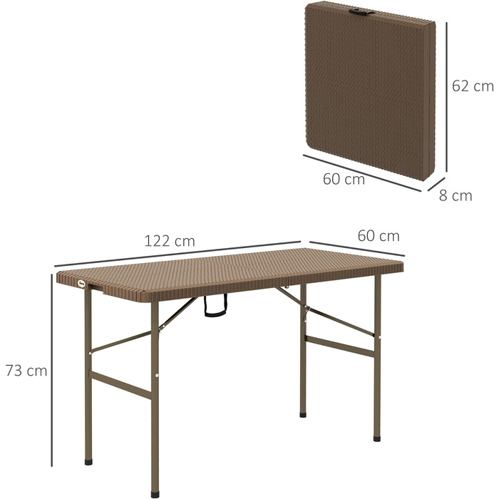Стіл для кемпінгу Розкладний стіл з ротангом, фуршет на 4 персони, садовий стіл для балкона, тераса, вантажопідйомність до 50 кг, HDPE, коричневий, 122 x 60 x 73 см