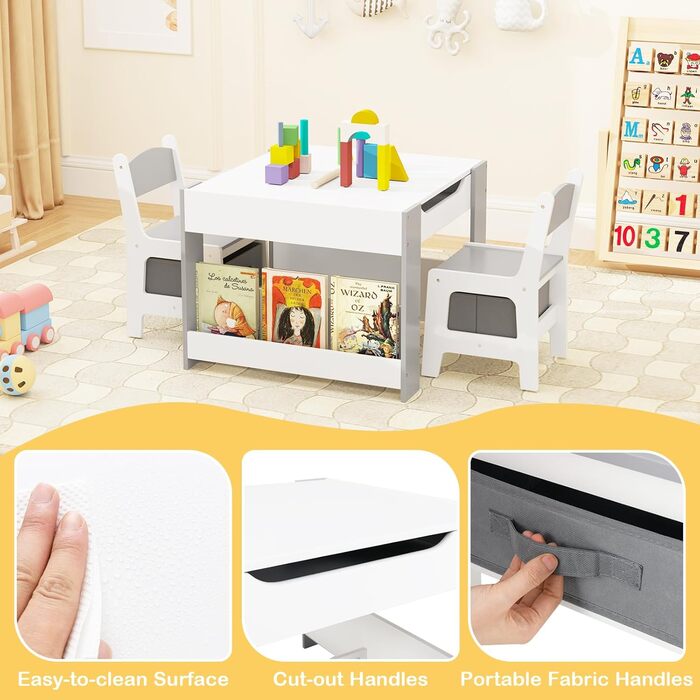 Дитячий столик Dreamade 4 в 1 з 2 стільцями: дерев'яний набір для ігор з дошками, полицями та коробками (сірий)