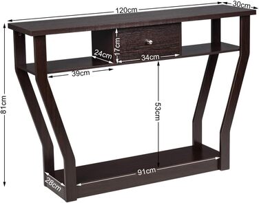 Консольний столик GIANTEX вузький, приставний столик з ящиком і полицею, 120x30x81 см, коричневий, із захистом від перекидання