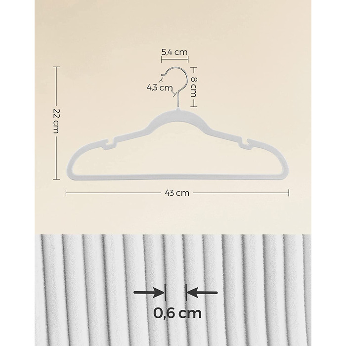 Оксамитова вішалка SONGMIC, комплект з 30 предметів, на кісточках, нековзна, з виїмками в області плечей, для брюк, з гачком, що повертається на 360 , компактна, товщиною 0,6 см, довжиною 43 см, CRF029V03 (білий)
