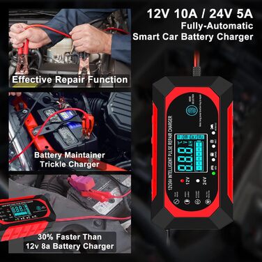 Зарядний пристрій для автомобільного акумулятора 10 А, 12 В/24 В, інтелектуальний зарядний пристрій з температурною компенсацією (червоний)