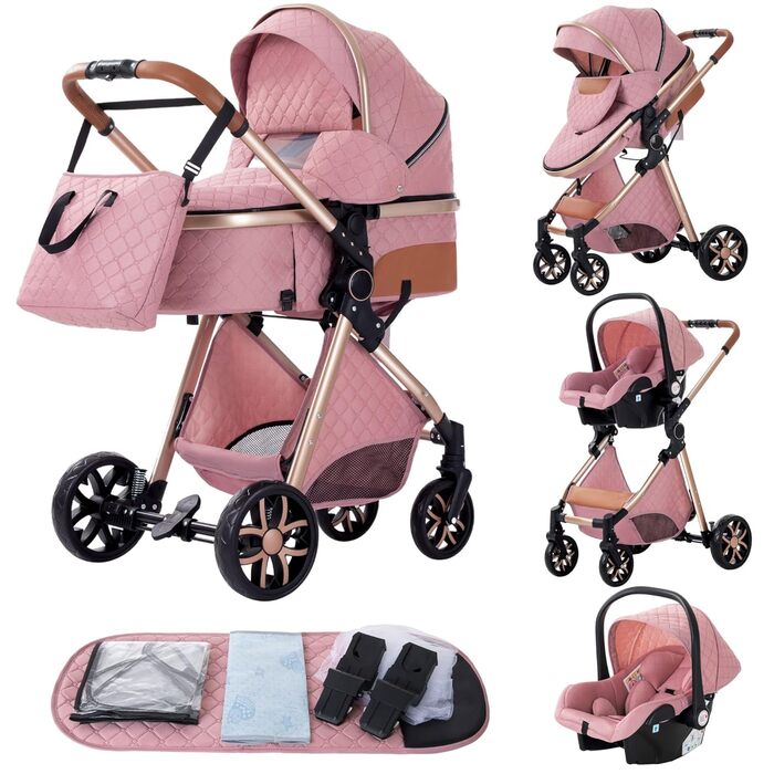 Дитяча коляска YAZOCO 3 в 1: Buggy, Babybett, Комплект. Легкий складаний візок з алюмінієвим каркасом для новонароджених (рожевий)