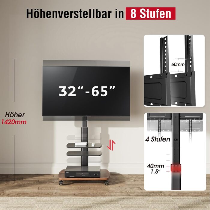 Підставка для телевізора мобільна з поличками Holzablage 32-65 дюйми, чорний/вінтажний коричневий, до 40 кг, VESA 400x400