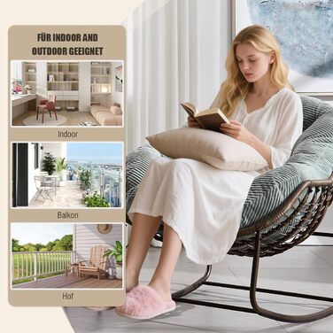 Крісло-гойдалка LIFEISLE з ротангу, крісло-шезлонг для дому та саду, крісло-гойдалка у формі яйця для вітальні, балкону, саду, на вулиці та в приміщенні, Cord White, білий (тканина Cord, світло-зелений)