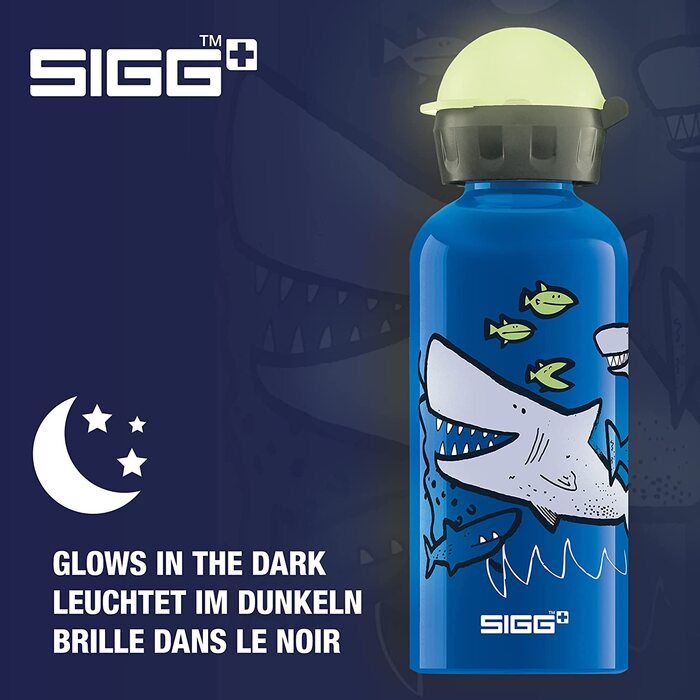 Дитяча пляшка для пиття SIGG Glow (0,4 л), Дитяча пляшка для пиття, що не містить шкідливих речовин, з герметичною кришкою, алюмінієва легка пляшка для пиття (Sharkie)